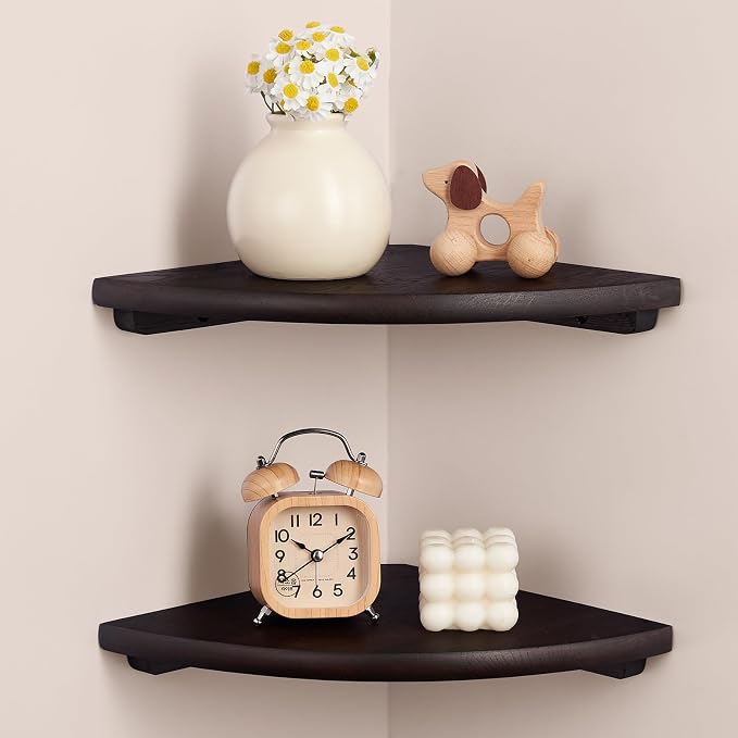 Gieanoo Floating Corner Shelves Set 2 9inch Walnut Solid Oak Rounded Corner Shelves Wall Mounted with Cable Hole Wood Corner Hanging Shelves for Living Room Bedroom Bathroom Kitchen