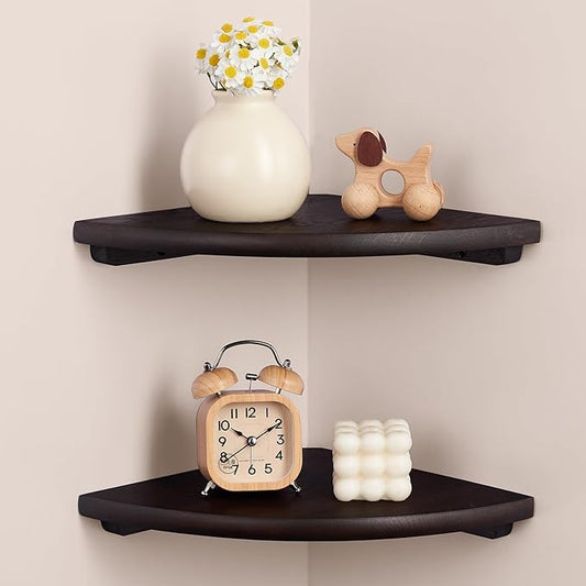 Gieanoo Corner Wall Shelf,7inch Solid Oak Wood Floating Corner Shelf with Wire Hole Corner Wall Storage Display Shelves for Living Room Bedroom Bathroom Kitchen(Walnut)
