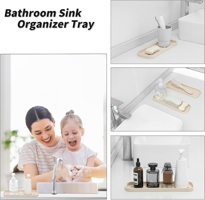 MicoYang Silicone Kitchen Sink Organizer Tray for Multiple Usage,Eco-Friendly Sponges Holder for Kitchen Bathroom Counter or Sink,Dish Soap Dispenser,Scrubber,Bottle,Cup (Tapioca, 12"×4")