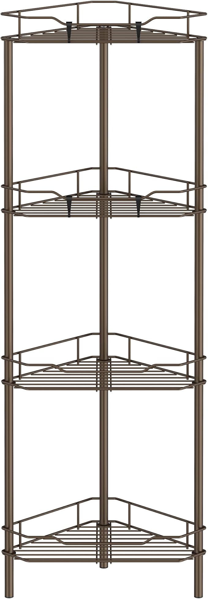 Metal Floor Standing Corner Shower Caddy, Bronze, 4 Tier | Adhesive Bathroom Organizer Shelves, Free Standing Shower Rack with Hooks, Hold Large Shampoo Bottles