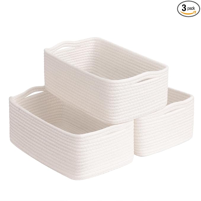 Goodpick 3-Pack Woven Storage Baskets for Organizing, 11 x 7 x 4.5 in | Empty Baskets for Shelves, Dog Toy Basket, Closet Baskets for Organizing, Empty Baskets for Gifts, White