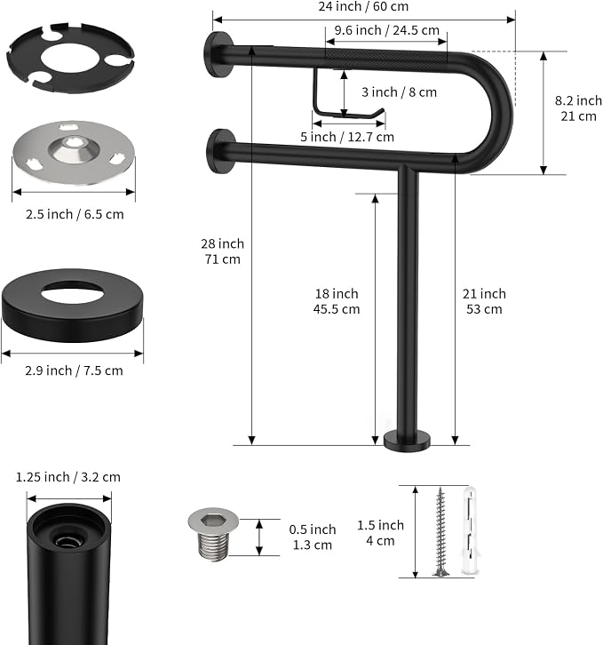 ZUEXT 24x28 Inch Matte Black Toilet Support Rail w/Toilet Paper Holder | Wall to Floor, Anti-slip Handicap Grab Bar, Stainless Steel Bathroom Safety Handrails with Leg, For Elderly Disabled Pregnant