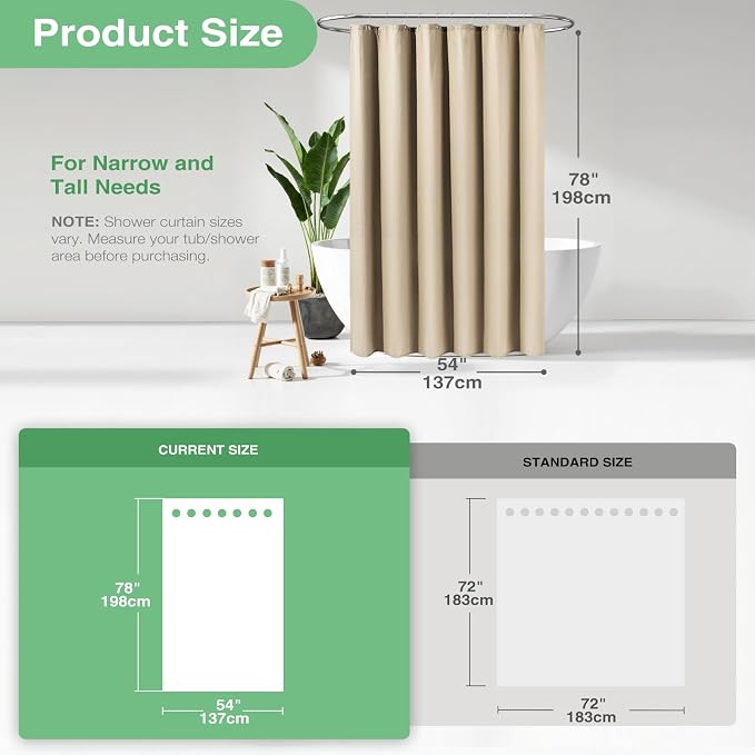 Stall Waffle Shower Curtain 256 GSM Heavy Fabric 54x78 Beige/Khaki | 54 x 78 Inch Long, Thick Polyester Cloth, Weighted Hem, Water Repellent, Washable, Hotel Bathroom Shower Curtain Set 10 Hooks