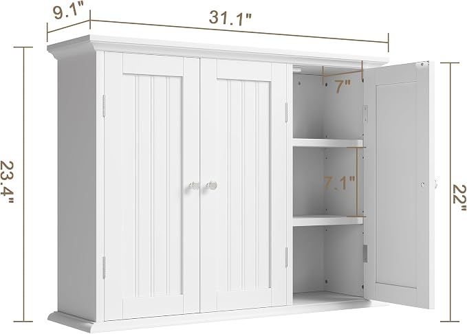 ChooChoo Laundry Cabinet with 3 Doors and Adjustable Shelves | 9.06"D x 31.1"W x 24"H, Bathroom Wall Cabinet, Cupboard, White