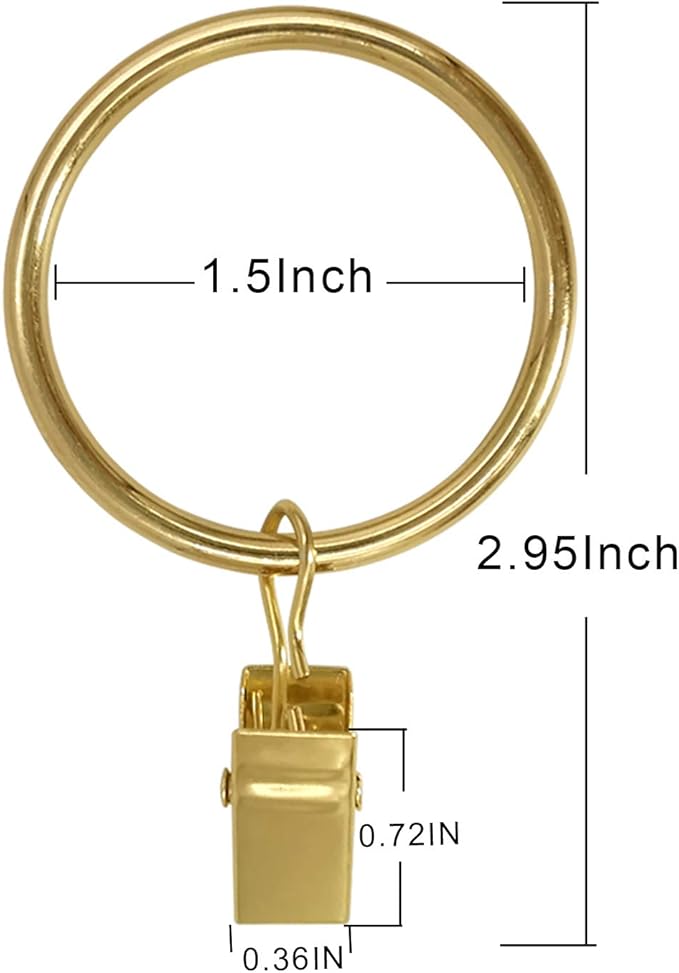 LLPJS 60 Pack Metal Curtain Rings with Clips, Curtain Clip Rings Hooks for Hanging Drapery Drapes Bows, Curtain Rod Rings 1.5 inch Interior Diameter, Gold