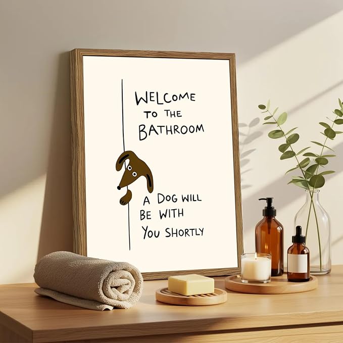 Welcome to the Bathroom Wall Art Funny Dog Bathroom Sign Wall Decor Picture Cute Animal Restroom Quote Poster Canvas Painting Prints 24x16 inch Wood Framed