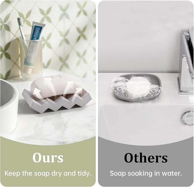 Bar Soap Holder Diatomite Soap Dish Sponge Caddy, Light Grey | Self Draining, Fast Drying, Soap Saver, for Shower, Bathroom, Kitchen Sink