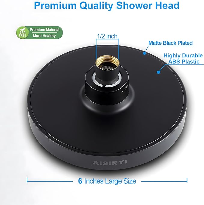 6" High Pressure Rain Shower Head, Luxury Matte Black Finish | 6 Inch Fixed Bathroom Showerhead, Adjustable Replacement, 90 Anti-Clog Nozzles, Removable Restrictor, Tool-Free Easy Install