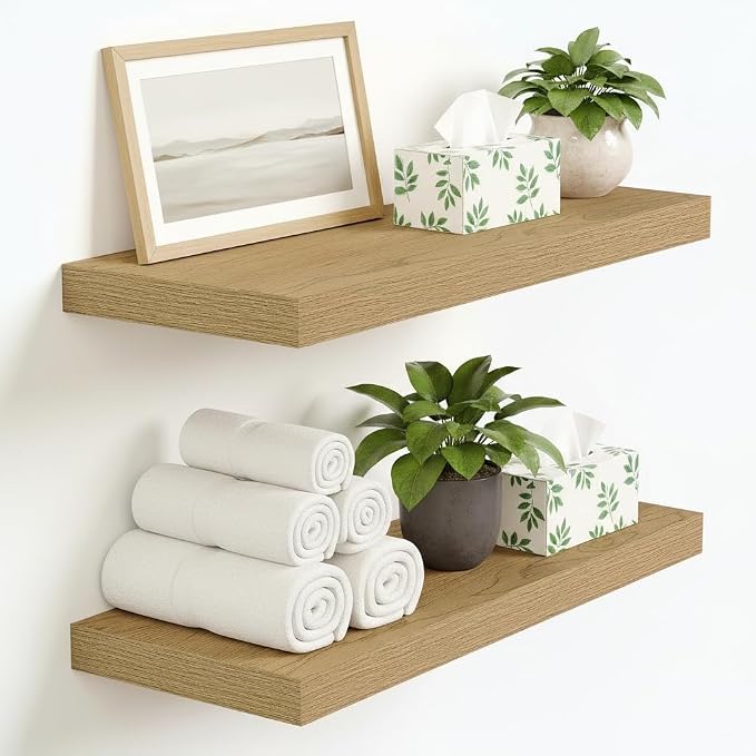 Vivelove Floating Shelves 9 inch Deep 16”Long Set of 2, Oak | Easy Install With Hardware, 1.5" Thick, Invisible Brackets, Wall Mounted, No Sagging, For Any Room