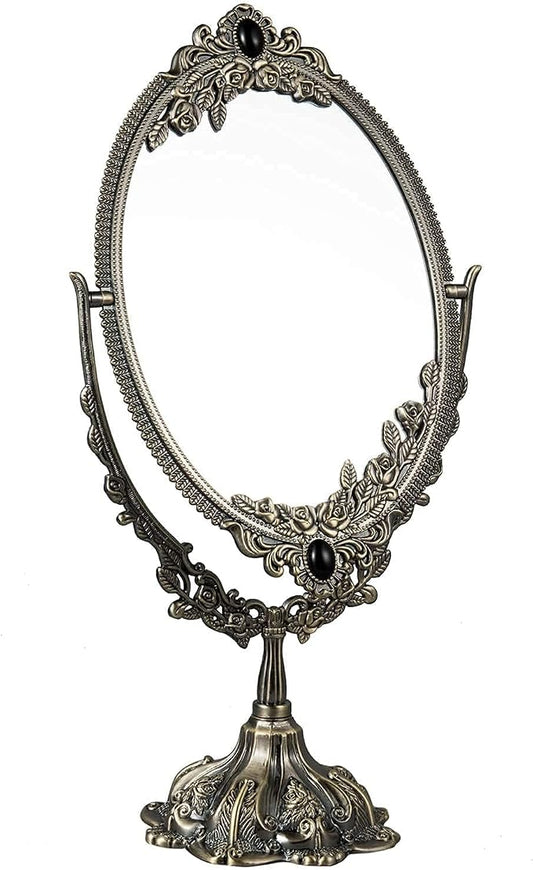 Feyarl 15 inch Vintage Makeup Mirror Floral Tabletop Oval Vanity Mirror with Stand Dressing Room Swivel Double Sided Elegant Decorative Mirror Embossed Frame