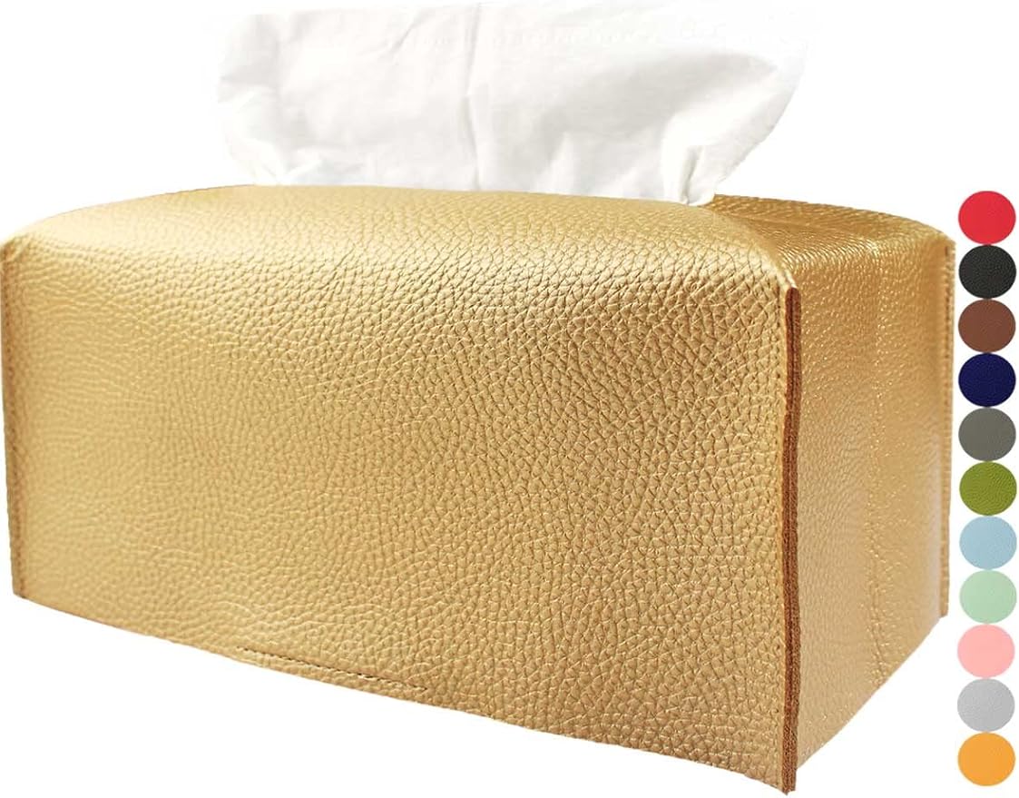 Gold Tissue Box Cover Rectangular – with Bottom Belt [JESMINI] Modern PU Leather Long Rectangle Tissue Box Cover Decorative for Bathroom Vanity Countertop/Night Stands/Office Desk