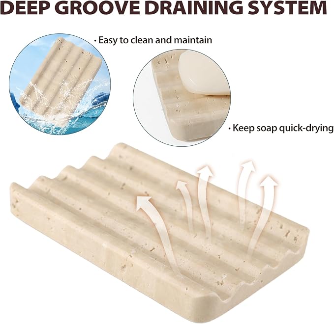 Natural Travertine Soap Dish for Bathroom Shower, Marble Soap Tray Travertine Dish for Bathroom, Stone Soap Tray for Sink, Stripe Grooves Soap Saver Keep Soap Bars Dry Easy Clean