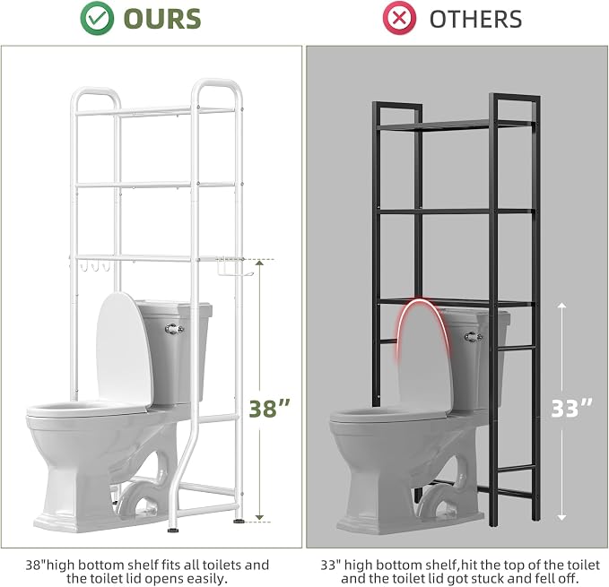 Simple Trending Over The Toilet Storage Rack, Metal 3 Tier Bathroom Organizer Shelf with Paper Holder and 3 Hooks, Freestanding Shelf Space Saver Above Toilet, White