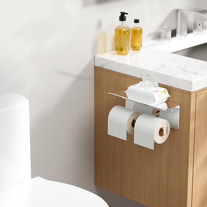 FORIOUS Toilet Paper Holder with Shelf, Commercial Toilet Paper Dispenser | Chrome | SUS304 Stainless Steel Wall Mount Double Bathroom Tissue Roll Holder for Hotel, Apartments, etc