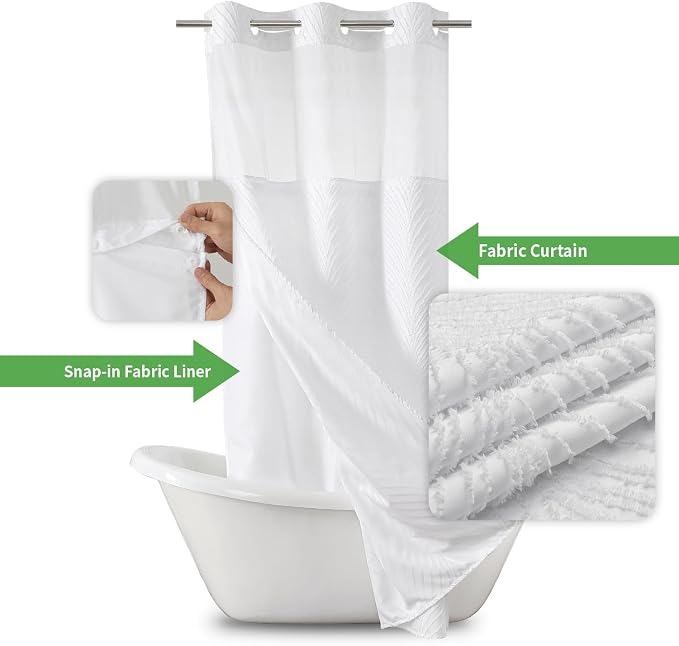 eachope stall no Hook Tufted Shower Curtain with snap in Liner Set, White Waterproof Fabric Inner Liner,Boho Style Shower Curtain with See Through top Window, White, 36Wx74H
