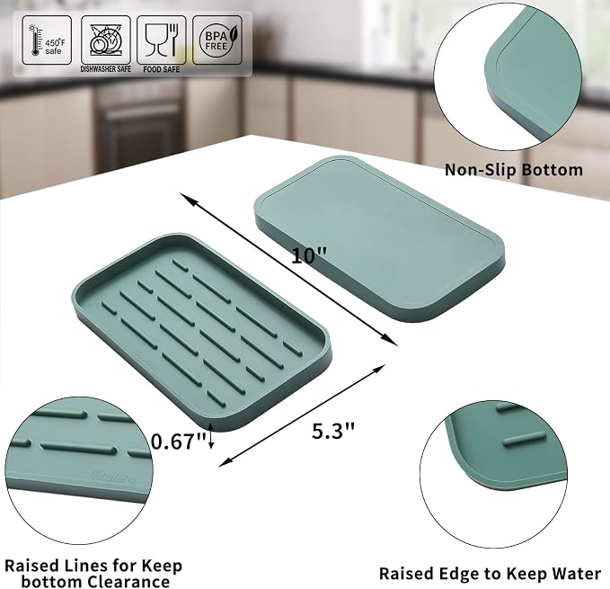 MicoYang Silicone Kitchen Sink Organizer Tray for Multiple Usage,Eco-Friendly Sponges Holder for Kitchen Bathroom Counter or Sink,Dish Soap Dispenser,Scrubber,Bottle,Cup (Green, 10"×5.3")