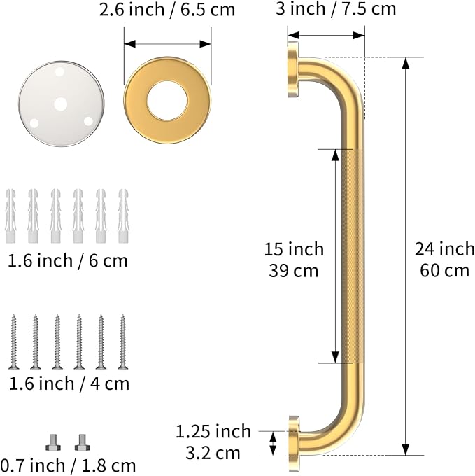 24 Inch Anti Slip Shower Grab Gold, Munzong Bathroom Grab Bar, Knurled Bathroom Balance Bar,Safety Hand Rail Support Handicap Elderly Injury Senior Assist Bath Handle | Heavy Duty Knurled Bathroom Balance Bar Safety Hand Rail Support Handicap Elderly I...