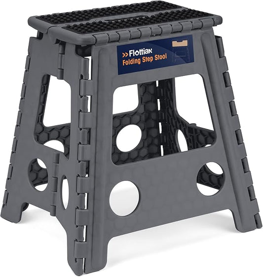 Flottian 16" Folding Step Stool for Adults and Kids Holds Up to 300 lbs,Non-Slip Folding Stools with Handle, Compact Plastic Foldable Step Stool for Bathroom,Bedroom, Kitchen, Gray,1PC