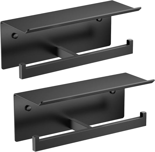 FORIOUS Toilet Paper Holder with Shelf, Commercial Toilet Paper Dispenser | Matte Black 2 Pack | SUS304 Stainless Steel Wall Mount Double Bathroom Tissue Roll Holder for Hotel, Apartments, etc