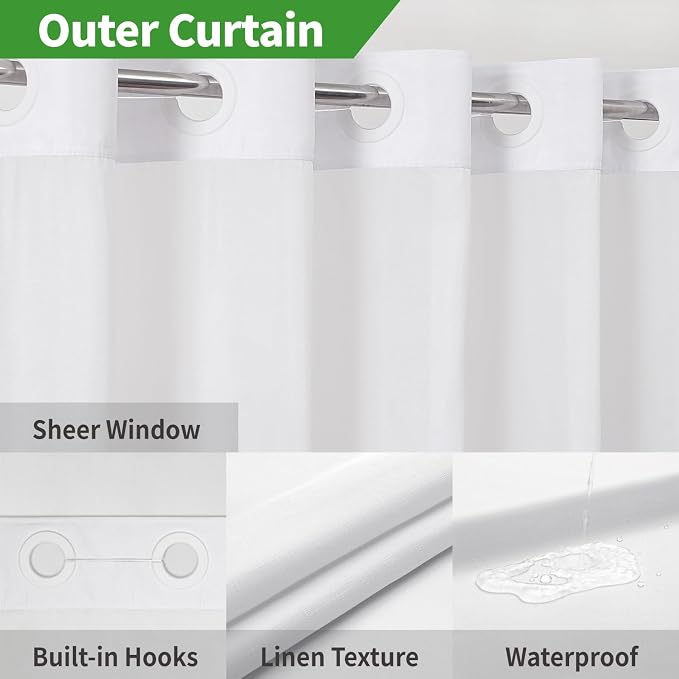 eachope No Hook Linen Texture Shower Curtain with Snap-in Liner,71x86 White | Extra Long,230GSM Thick Fabric,Hotel Luxury Decor,Mesh Top Window,Bottom Magnetic,Waterproof & Machine Washable,for Bathroom