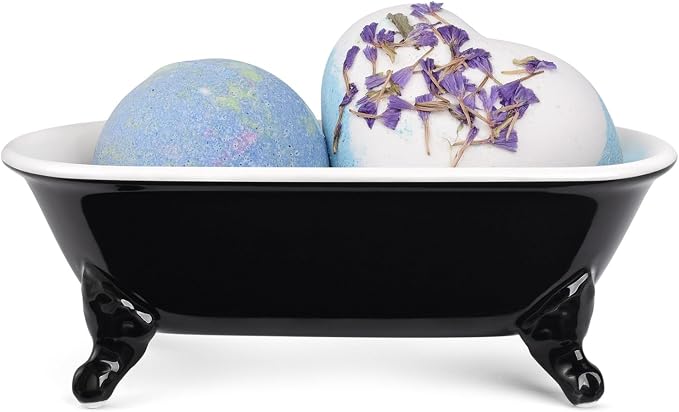 6.5" Ceramic Mini Decorative Clawfoot Bathtub Bar Soap Dish, Kitchen Sponge Holder and Shower Tray for Bathroom, 1 Pack(Black)