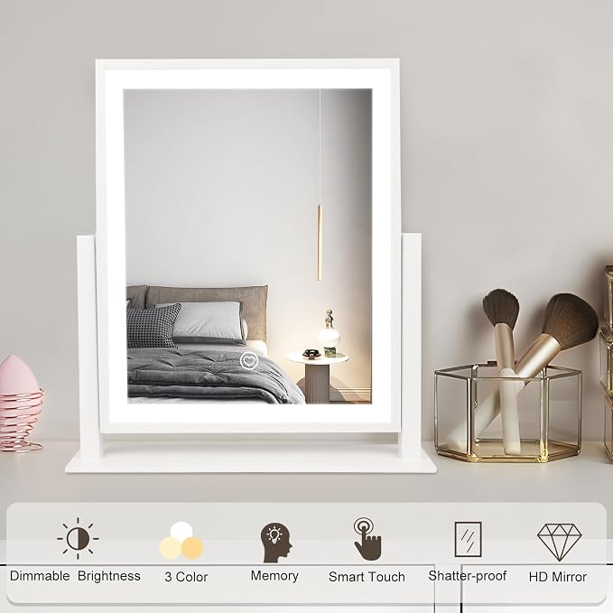 Beelux Vanity Mirror with Lights,15.3" Makeup Mirror with Light Smart Touch Control Dimmable 3 Modes Lighted LED Mirror 360°Rotation White for Christmas Birthday Thanksgiving Mother's Day