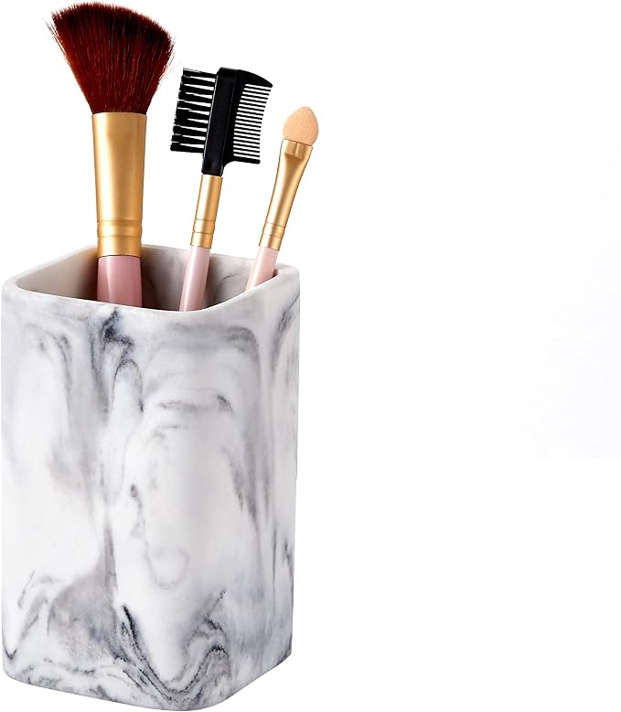 Toothbrush Holder for Bathrooms, White Marble Look Toothpaste and Makeup Holder, Brushes and Razors Holder, Vanity Bathroom Countertop Organizer, Toothbrush Cup