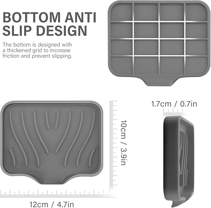 Silicone Soap Dish with Drain, SAISN Kitchen Soap Tray for Shower 2 Pack Self Draining Soap Dish Soft Bathroom Soap Holder for Kitchen Sink Flexible Portable Soap Saver, Grey