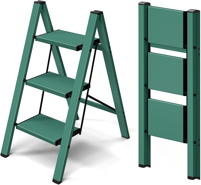 Taranta 3 Step Stool Foldable,Aluminum Step Ladder-Green | Lightweight,Wide Anti-Slip Pedals,Folding Step Stool,330lbs Capacity Stepladder for Household,Kitchen,Office
