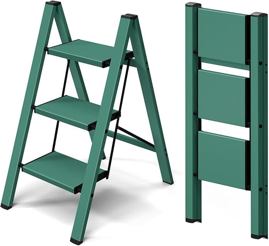 Taranta 3 Step Stool Foldable,Aluminum Step Ladder-Green | Lightweight,Wide Anti-Slip Pedals,Folding Step Stool,330lbs Capacity Stepladder for Household,Kitchen,Office
