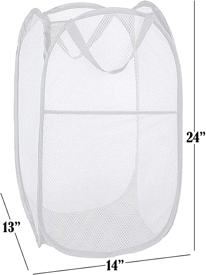 BATTOO Deluxe Strong Mesh Pop up Laundry Hamper Basket with Side Pocket Foldable Hamper for Laundry Room, Bathroom, Kids Room, College Dorm or Travel White + White