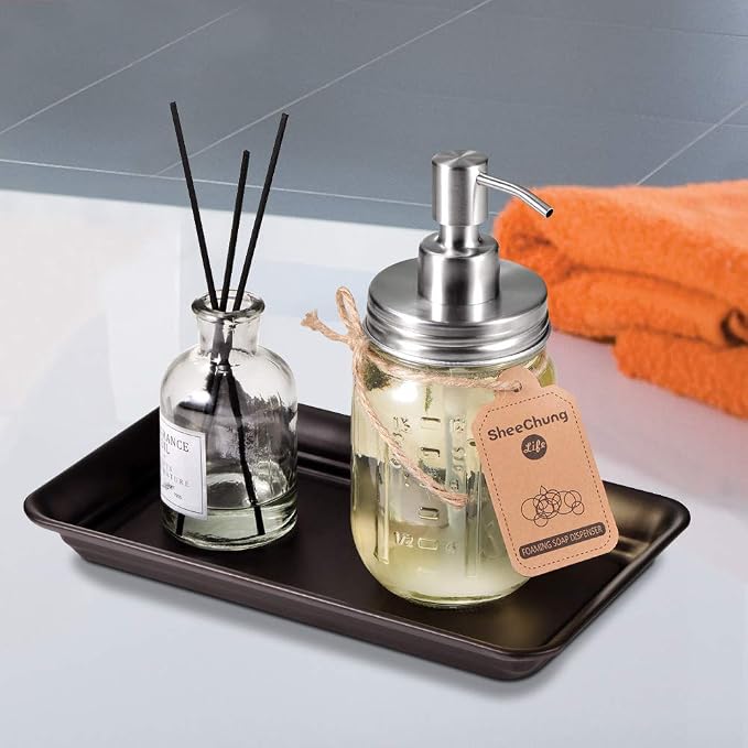 SheeChung Metal Vanity Tray, Bathroom Counter Storage Tray, Bronze 2 Pack | Sturdy Decorative Tray Holder, Farmhouse Vintage Decor Accessories for Perfume, Cosmetics, Jewelry, Makeup, Guest Hand Towel