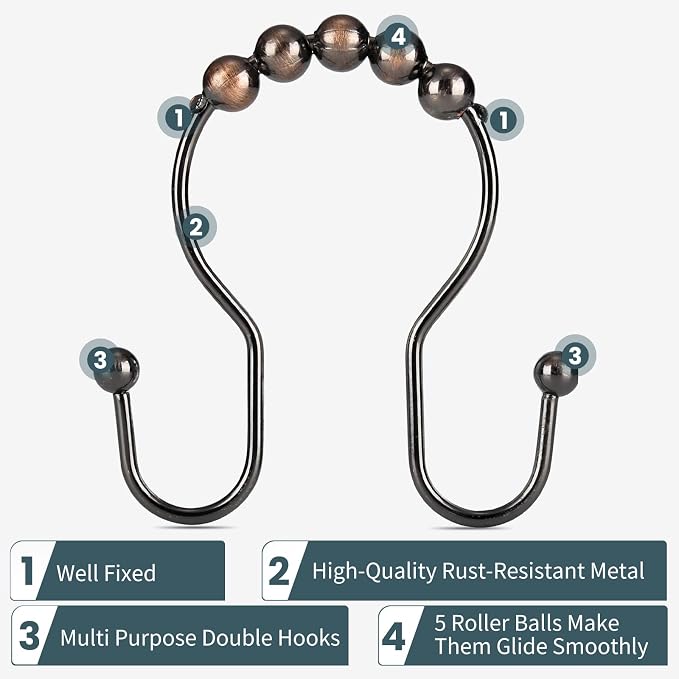 Shower Curtain Hooks, OEH Shower Curtain Rings, Bronze Shower Curtain Hooks Rust Proof, Smooth Gliding Metal Shower Curtain Rings Rust Proof, Double Shower Hooks for Shower Curtain, 12 Pcs, Bronze