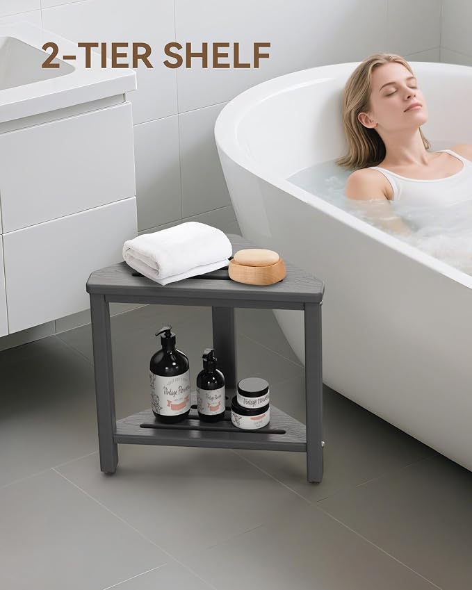 Shower Foot Rest 15in, HDPE Waterproof Shower Stool for Inside Shower, Corner Shower Stool for Shaving Legs with Storage Shelf for Small Space, Shower Step Stool, Plastic Corner Shower Bench, Grey