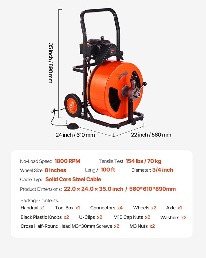 VEVOR 100FT x 3/4 Inch Drain Cleaner Machine Sewer Auger Auto Feed with 4 Cutter & Air-Activated Foot Switch for 4" to 8" Pipes, Orange, Black