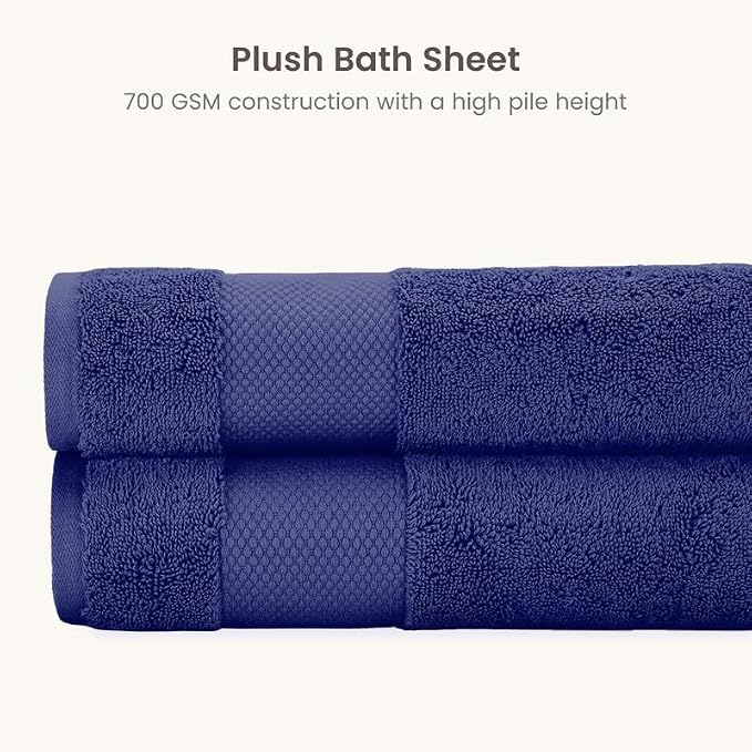 100% Organic Cotton Bath Sheet Set of 2 | Soft Oversized Bath Towels | 700 GSM Premium Bath Towel Sheet Set GOTS Certified - Navy Blue