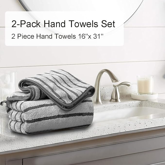 2 Piece Gray Cabana Stripe Hand Towels for Bathroom 16"x31" Ultra Soft Breathable Hand Face Towels Highly Absorbent 600GSM Towels Quick Dry Beach Chair Towel for Spa Gym Hotel Travel Camp