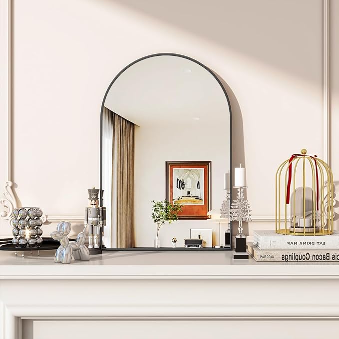 Arched Wall Mirror, 20 x 30 inch Arch Bathroom Mirror, Wall Mounted Vanity Mirror with Arch Metal Frame, Modern Bathroom Vanity Mirror for Bedroom, Living Room, Hanging or Leaning, Black