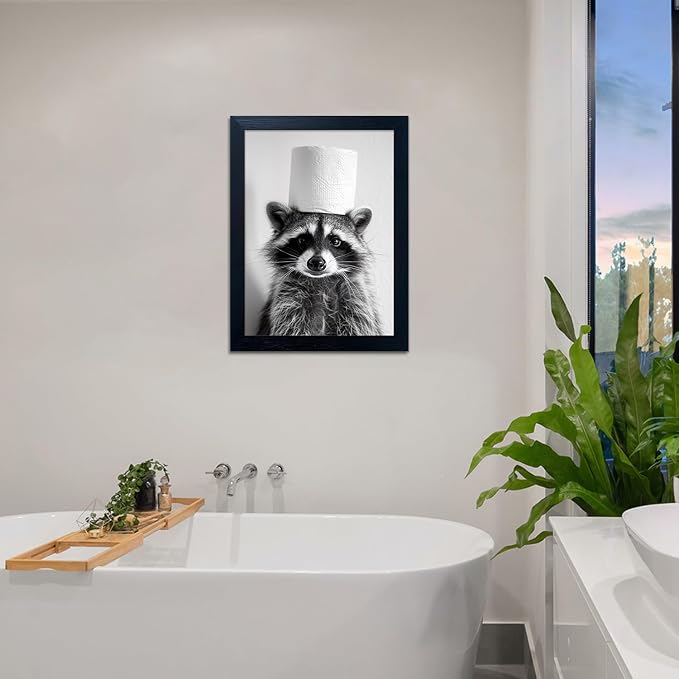 Funny Raccoon Wall Decor Bathroom Animal Wall Art Raccoon With a Toilet Paper Roll on the Head Toilet Humor Decor Framed Black and White Cute Farmhouse Picture