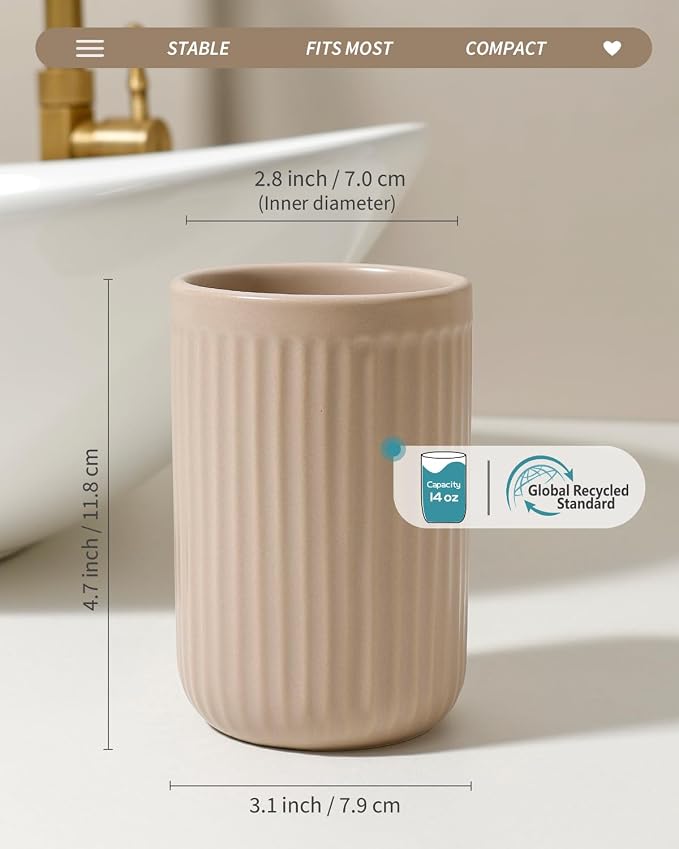 BosilunLife Ceramic Toothbrush Holder - 12oz Bathroom Toothbrush Holder Tooth Brush Holders Tumbler Cups Reusable Toothbrush Mouthwash Cup Small Toothbrush and Toothpaste Holder, Striped Khaki
