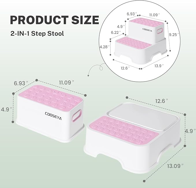 2 Step Stools for Kids,Toddler Step Stool for Bathroom Sink,No-Slip Double up Stepping for Toddlers, Multifunctional Toilet Potty Stool for Kids,Toilet Potty Training(2 Packs)（Pink）