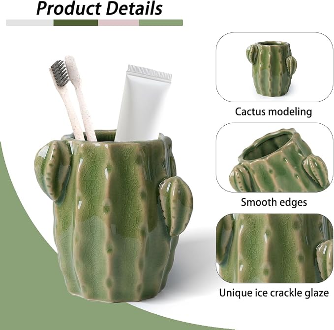 Ceramic Cactus Green Toothbrush Holder,Western Fun Bathroom Decor