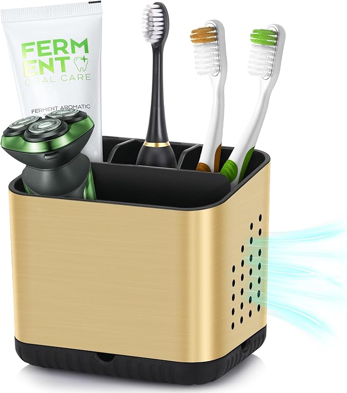 Tooth Brush Holders for Bathrooms, Toothbrush Organizer (Brushed Gold) | Easy To Clean, Drainage, Removable, Non-Slip, 4 Slots ToothBrush Holder for Bathroom Countertop Organizer