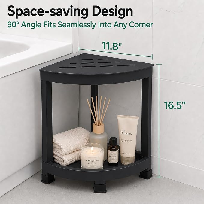 CROWNFURN Shower Foot Rest, HIPS Waterproof Shower Stool for Inside Shower, Corner Shower Bench for Shaving Legs with Baffle Storage Shelf for Small Space, Rapid Assembly DIY Combination Shelf (Black)