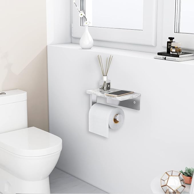 Gypie Toilet Paper Holder with Marble Shelf, Wall Mounted Brushed Nickel | Stainless Steel Tissue Roll Paper Holder Dispenser for Bathroom Washroom