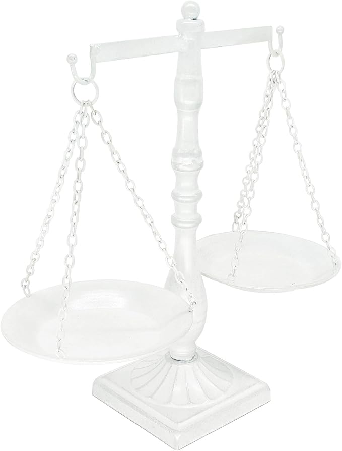 Owlgift Vintage Metal Libra Jewelry Towers Display Cosmetic Organizer Storage, Scale Centerpiece Stand, Antique Jewelry Storage, Farmhouse Candleholder Display – White, 12“ W x 12“ H