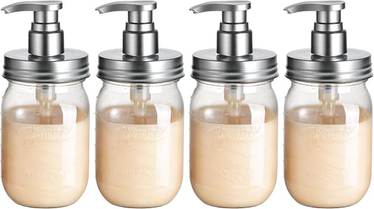 Amolliar Plastic Mason Jar Soap Dispenser with Pump Lid 16OZ - 4 Pack | Refillable BPA-Free Hand Soap Dispenser Set with Cute Lables, Farmhouse Decor for Kitchen Bathroom Liquid Dish Soap Lotion