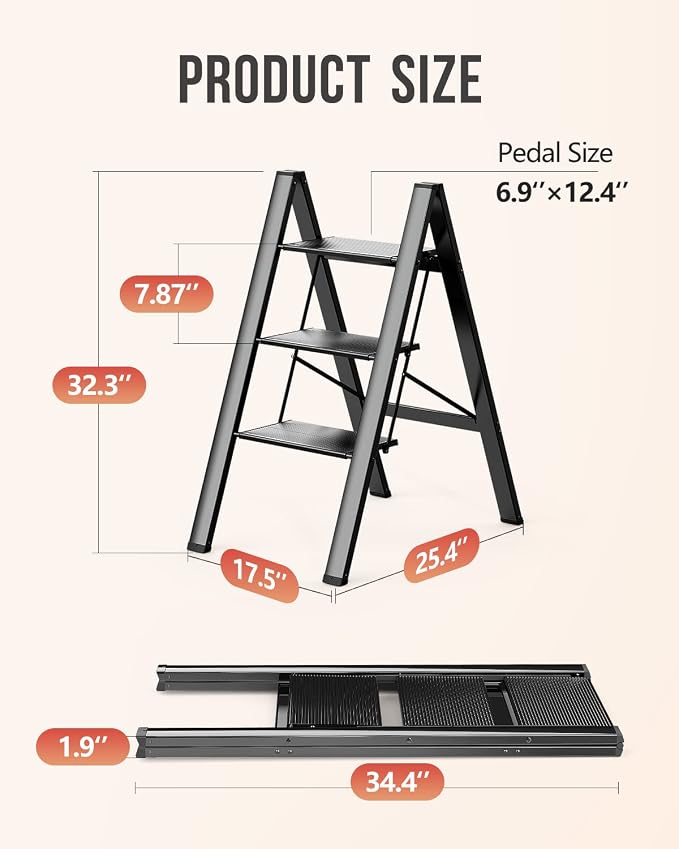 3 Step Foldable Step Stool, 300lbs Load, Black | Folded 35''H x 2''T; Net 7.99 lbs; Non-Slip Feet: Wood/Tile/Carpet; Rigid Aluminum Steps; No Assembly; Ready From Box.