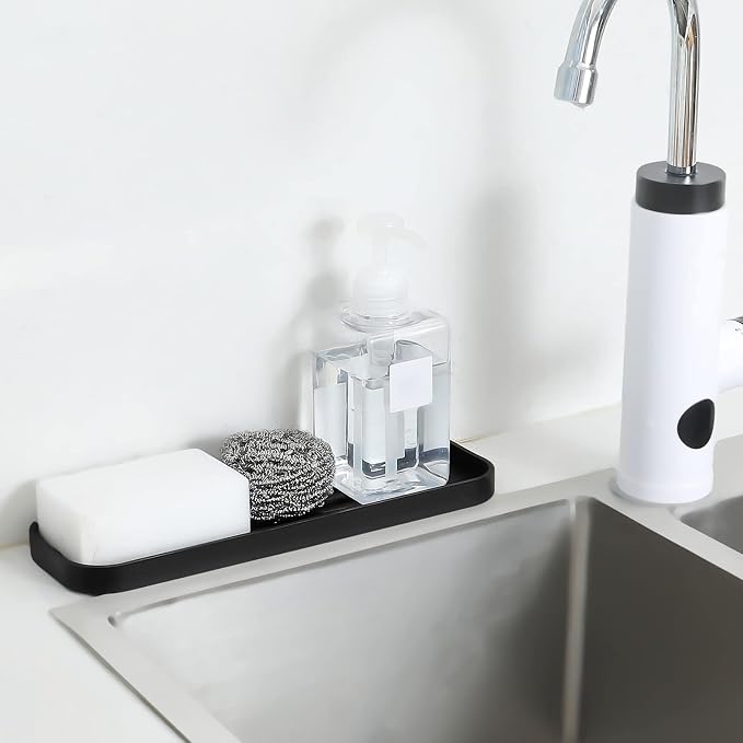 MicoYang Silicone Kitchen Sink Organizer Tray for Multiple Usage,Eco-Friendly Sponges Holder for Kitchen Bathroom Counter or Sink,Dish Soap Dispenser,Scrubber,Bottle,Cup (Black, 12"×4")