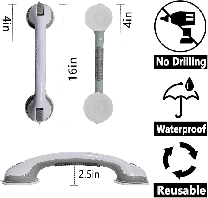 Shower Grab Bar, Suction Grab Bars for Shower, 2 Pack 16.11 Inch Shower Handles for Elderly Suction, Bathroom Grab Bars for Seniors, Shower Grab Bars Suction Heavy Duty, Waterproof No Drilling
